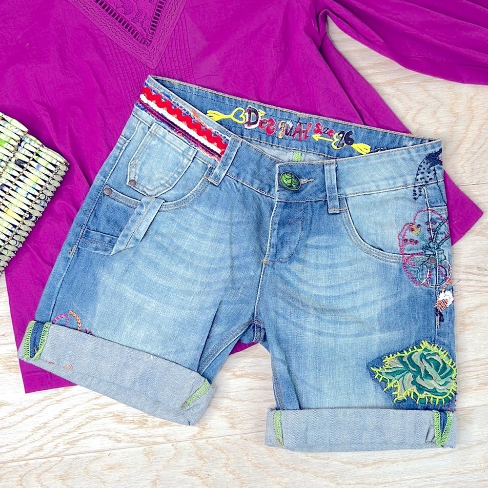 DESIGUAL l Embroidered Distressed Carpenter Bermuda Denim Shorts 26